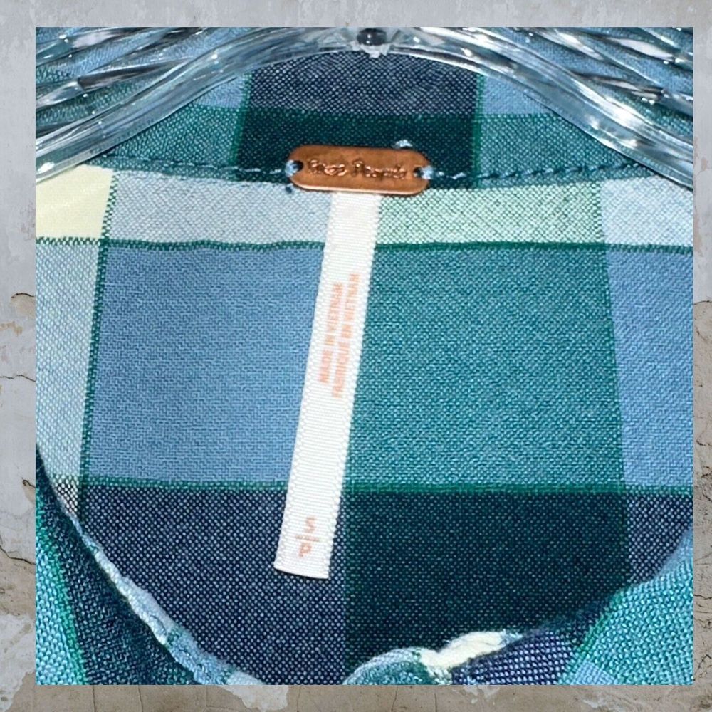 FREE PEOPLE Small Loveland Plaid Button Down Shirt Winter Sea Oversized Fray Hem - Picture 4 of 14